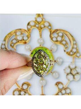 10K Gold Genuine Peridot & Diamond Cluster Cocktail Ring